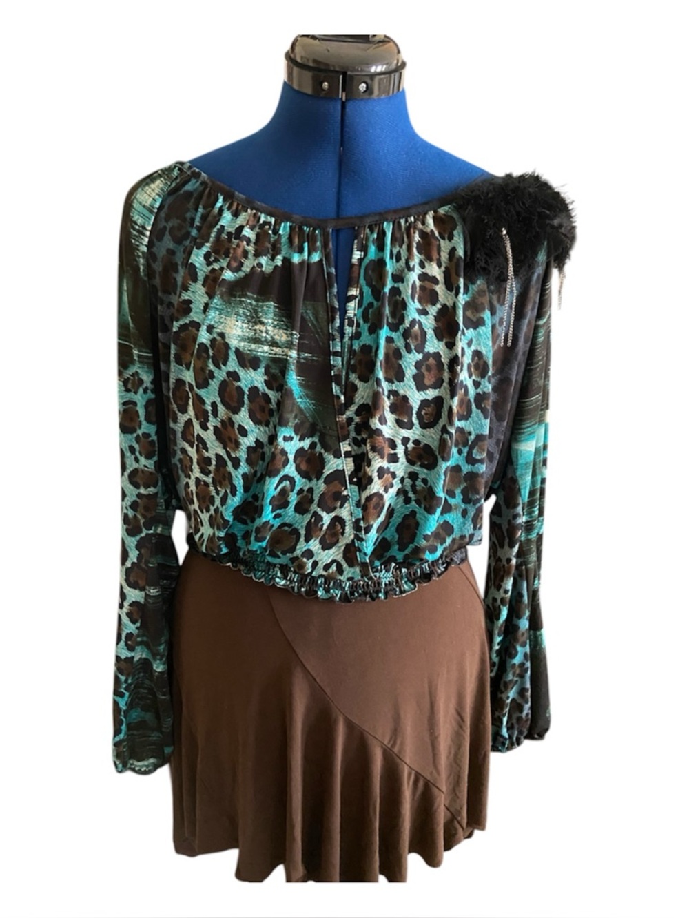 Monaco Leopard Open Fold Blouse Chains on Shoulder Y2K